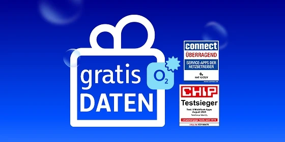 Mein O2 App
Gratis-Daten-Angebot von O₂ mit Auszeichnungen von CHIP und connect für beste Netzbetreiber-App.