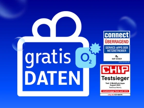  Gratis-Daten-Angebot von O₂ mit Auszeichnungen von CHIP und connect für beste Netzbetreiber-App.
