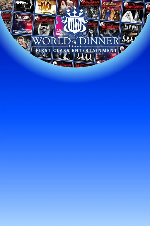  Verschiedene kostümierte Personen im Eingangsbereich eines Gebäudes. Die Personen stehen zum Teil auf einer Treppe. Mehrfach steht im Bild der Schriftzug: Das Original Krimidinner®, zum Teil in Kombination mit dem jeweiligen Showtitel. 
