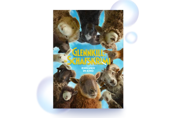  Filmplakat des Films GLENNKILL: EIN SCHAFSKRIMI. Auf dem Plakat sind insgesamt elf Schafe in unterschiedlichen Fellfarben zu sehen, die aus verschiedenen Richtungen in die Mitte blicken. Im Hintergrund ein blauer Himmel. Mittig der Filmtitel GLENNKILL: EIN SCHAFSKRIMI, wobei auf den Buchstaben R und I ein Lupensymbol gezeigt wird. Darunter der Schriftzug Exklusiv im Kino. 