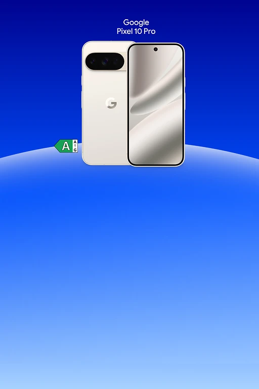  Rück- und Vorderansicht des Google Pixel 10 Pro in der Farbe Porcelain. Links daneben das Energielabel A. Über der Rück- und Vorderansicht der Schriftzug Google Pixel 10 Pro. Gezeigt in der Rückansicht werden die Dreifach-Rückkamera und der Buchstabe G. In der Vorderansicht werden die Frontkamera und das Display gezeigt. 