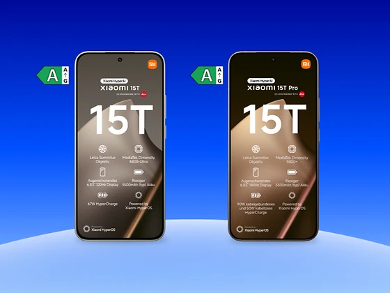  Zwei Xiaomi-Handys mit Vorder-/Rückseite, Xiaomi 15T in grau mit Energielabel A und Xiaomi 15T Pro in gold mit Energielabel A.
