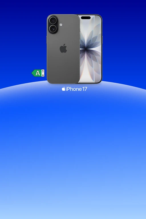  Schwarzes iPhone 17 von vorne und hinten nebeneinander dargestellt, Rückseite mit Apple-Logo und Dual-Kamera, Vorderseite mit Display und abstraktem Blütenmotiv. 