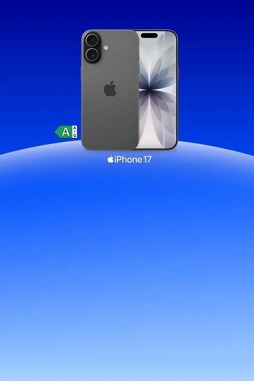  Schwarzes iPhone 17 von vorne und hinten nebeneinander dargestellt, Rückseite mit Apple-Logo und Dual-Kamera, Vorderseite mit Display und abstraktem Blütenmotiv. 