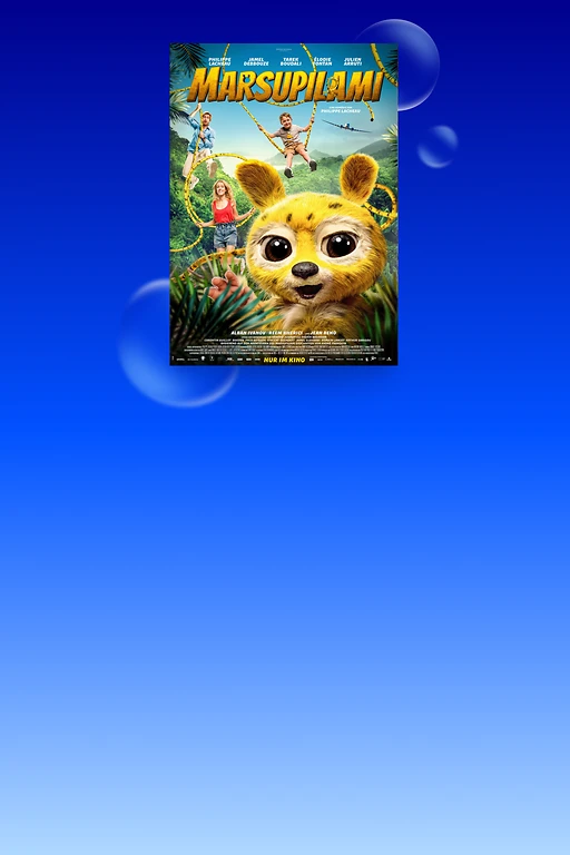  Filmplakat zu MARSUPILAMI. Im Vordergrund blickt das gelbe Marsupilami direkt in die Kamera. Sein langer, schwarz gefleckter Schwanz schlängelt sich durch den tropischen Dschungel. Im Hintergrund schwingen mehrere Menschen an Lianen. Oben der Filmtitel MARSUPILAMI in gelben, am unteren Rand der Hinweis „Nur im Kino“. 