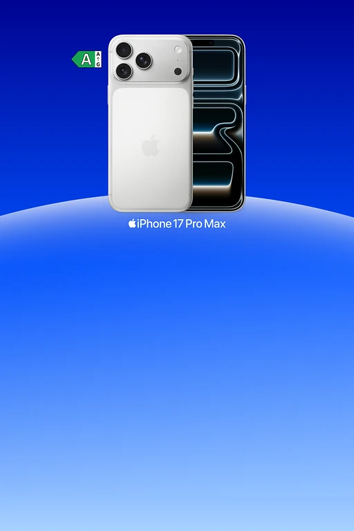 Gewinnspiel Technik Highlight   Vorder- und Rückansicht des iPhone 17 Pro Max in Silber mit eingeschaltetem Display auf weißem Hintergrund.