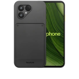  Vorder- und Rückansicht des Fairphone 6 in Schwarz mit gratis Case in Schwarz
