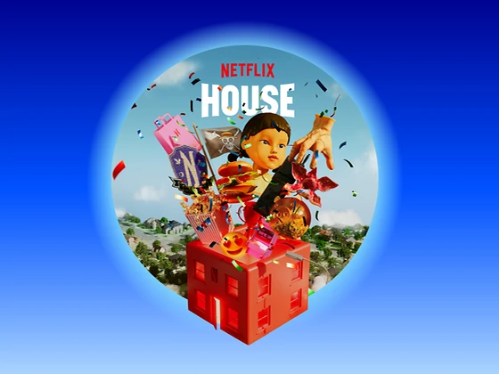  Ein rotes Haus mit Netflix-Zeichen. Aus dem Dach fliegen Serienfiguren, Popcorn, Smiley und Konfetti in die Luft.
