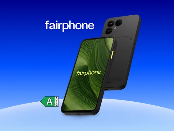 Vorder- und Rückansicht des Fairphone (Gen. 6) in der Farbe Schwarz. Daneben das fairphone-Logo. Auf dem Display des Geräts steht vor grünem Hintergrund: fairphone. In der unteren linken Ecke wird das EU-Energielabel mit Energieeffizienzklasse A gezeigt.
