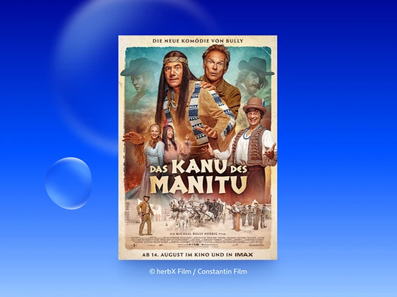  Filmplakat des Films DAS KANU DES MANITU. Ganz oben ist zu lesen: DIE NEUE KOMÖDIE VON BULLY. Um den Filmtitel herum sind die verschiedenen Filmfiguren angeordnet. In der Mitte oben sind Michael Bully Herbig und Christian Tramitz als Abahachi und Ranger zu sehen. Im unteren Bereich des Filmplakats ist zu lesen: AB 14. AUGUST IM KINO UND IN IMAX
