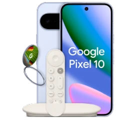  Front- und Rückseite Google Pixel 10 in Frost (Hellblau) Google TV Streamer und einen Pixelsnap Ring Stand
