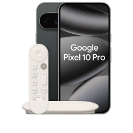  Vorder- und Rückansicht des Google Pixel 10 Pro in Obsidian (Schwarz) mit Google TV Streamer und einen Pixelsnap Ring Stand
