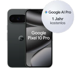 Vorder- und Rückansicht des Google Pixel 10 Pro in Obsidian (Schwarz) mit Hinweis auf Google AI Pro 1 Jahr kostenlos
