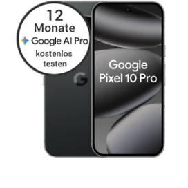  Vorder- und Rückansicht des Google Pixel 10 Pro in Obsidian (Schwarz) mit 12 Monate Google AI Pro kostenlos testen
