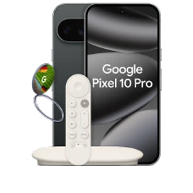  Vorder- und Rückansicht des Google Pixel 10 Pro in Obsidian (Schwarz) mit Google TV Streamer und einen Pixelsnap Ring Stand
