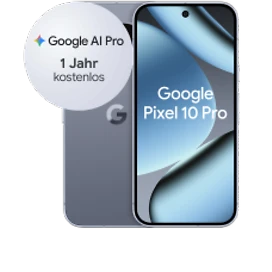 Vorder- und Rückansicht des Google Pixel 10 Pro in Moonstone (Hellgrau)
