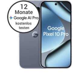  Vorder- und Rückansicht des Google Pixel 10 Pro in Moonstone (Hellgrau) mit 12 Monate Google AI Pro kostenlos testen
