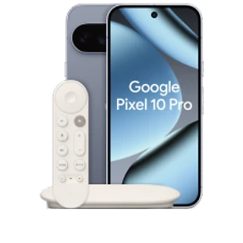 Vorder- und Rückansicht des Google Pixel 10 Pro in Moonstone (Hellgrau) mit Google TV Streamer und einen Pixelsnap Ring Stand
