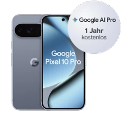  Vorder- und Rückansicht des Google Pixel 10 Pro in Moonstone (Hellgrau) mit Hinweis auf Google AI Pro 1 Jahr kostenlos
