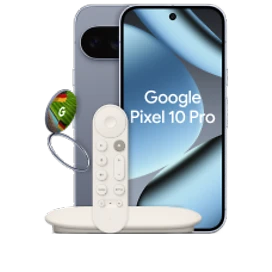  Vorder- und Rückansicht des Google Pixel 10 Pro in Moonstone (Hellgrau) mit Google TV Streamer und einen Pixelsnap Ring Stand
