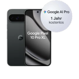  Vorder- und Rückansicht des Google Pixel 10 Pro XL in Obsidian (Schwarz) mit Hinweis auf Google AI Pro 1 Jahr kostenlos
