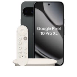  Vorder- und Rückansicht des Google Pixel 10 Pro XL in Obsidian (Schwarz) mit Google TV Streamer und einen Pixelsnap Ring Stand
