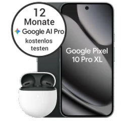  Vorder- und Rückansicht des Google Pixel 10 Pro XL in Obsidian (Schwarz) und den Pixel Buds 2a in Hazel (Dunkelbraun bis Schwarz) mit 12 Monate Google AI Pro kostenlos testen
