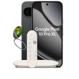  Vorder- und Rückansicht des Google Pixel 10 Pro XL in Obsidian (Schwarz) mit Google TV Streamer und einen Pixelsnap Ring Stand
