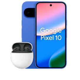  Vorder- und Rückansicht des Google Pixel 10 in Indigo (Dunkelblau) mit den Pixel Buds Pro 2 in Moonstone (Hellgrau)
