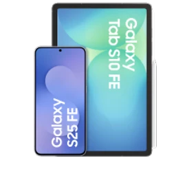  Samsung Galaxy S25 FE, in Navy (Blau), Vorderseite mit dem Samsung Tab S10 FE Wi-Fi in Silber

