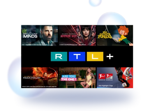  Das RTL Plus-Logo in der Mitte. Um das Logo verteilt sechs Grafiken. Gezeigt werden BRILLIANT MINDS, MADAME WEB, NEUE GESCHICHTEN VOM PUMUCKL, DIE TRIBUTE VON PANEM MOCKINGJAY TEIL 2, ARE YOU THE ONE?, die BUNDESLIGA und zweite BUNDESLIGA. BRILLIANT MINDS Copyright und TM 2024 WBEI Copyright 2024 Universal Television, MADAME WEB Copyright 2024 Columbia/TSG Ent. Copyright und TM 2025 Marvel, DIE TRIBUTE VON PANEM MOCKINGJAY TEIL 2 TM und Copyright 2015 Lions Gate Entertainment Inc. All rights reserved 