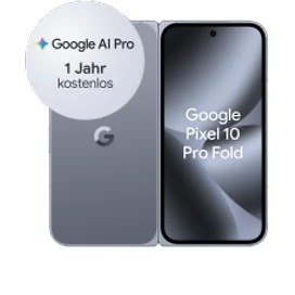  Vorder- und Rückansicht zugeklappt des Google Pixel 10 Pro Fold in Moonstone (Hellgrau) mit 12 Monate Google AI Pro kostenlos testen
