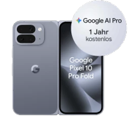  Vorder- und Rückansicht zugeklappt des Google Pixel 10 Pro Fold in Moonstone (Hellgrau) mit Hinweis auf Google AI Pro 1 Jahr kostenlos
