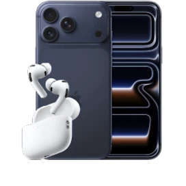  Vorder- und Rückansicht des iPhone 17 Pro Max in Tiefblau mit AirPods Pro 3 in Weiss
