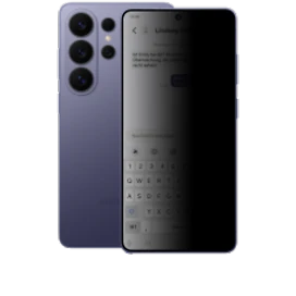  Vorder- und Rückansicht des Samsung Galaxy S26 Ultra mit Darstellung des Privacy Display in der Farbe Violet (dunkles Lila)
