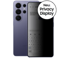  Vorder- und Rückansicht des Samsung Galaxy S26 Ultra in der Farbe Cobalt Violet (dunkles Lila). Neu: Privacy Display
