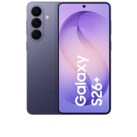  Vorder- und Rückansicht des Samsung Galaxy S26+ in der Farbe Violet (dunkles Lila)
