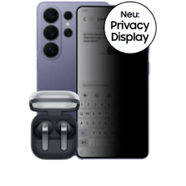  Vorder- und Rückansicht des S26 Ultra in der Farbe Cobalt Violet (Violett) mit den Buds4 Pro in der Farbe Schwarz. Neu: Privacy Display
