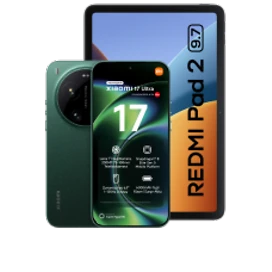  Vorder- und Rückansicht des Xiaomi 17 Ultra in Grün mit dem Redmi Pad 2 9,7" in Grau
