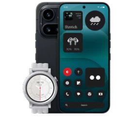  Vorder- und Rückansicht des Nothing Phone 4a Pro in Schwarz mit der CMF by Nothing Watch 3 Pro in Ash Grey (Hellgrau)
