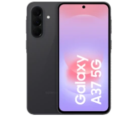  Vorder- und Rückansicht des Samsung Galaxy A37 in der Farbe Awesome Charcoal (Schwarz)
