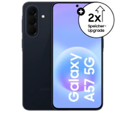  Vorder- und Rückansicht des Samsung Galaxy A57 in der Farbe Awesome Navy (Dunkelblau) mit dem Hinweis zu 2x Speicher-Upgrade
