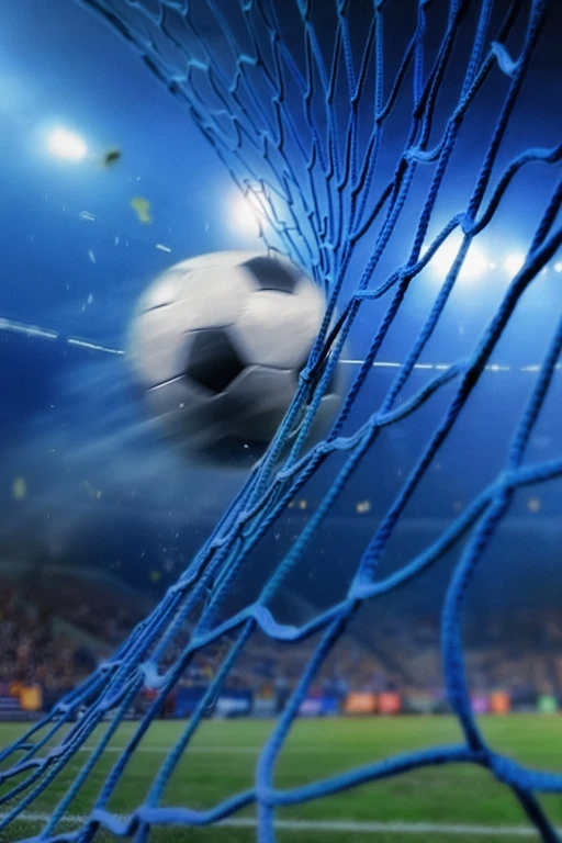  Fußball fliegt ins Tornetz in einem beleuchteten Stadion während eines Spiels. 