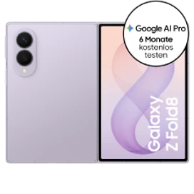  Vorder- und Rückansicht des Samsung Galaxy Z Fold8 in Lavender (helles Lila) mit Hinweis auf Google AI Pro 6 Monate kostenlos testen
