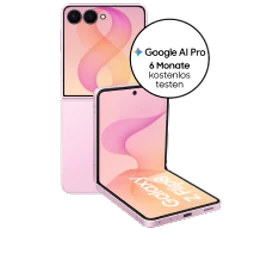  Vorderansicht (halb aufgeklappt) und Rückansicht (aufgeklappt) des Samsung Galaxy Z Flip8 in Pink mit Hinweis auf Google AI Pro 6 Monate kostenlos testen
