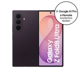  Vorder- und Rückansicht des Samsung Galaxy Z Fold8 Ultra in Violet Shadow (dunkles Lila) mit Hinweis auf Google AI Pro 6 Monate kostenlos testen
