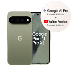  Vorder- und Rückansicht des Google Pixel 11 Pro XL in Oliv
