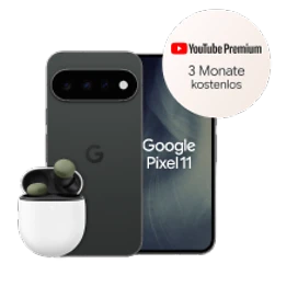  Vorder- und Rückansicht des Google Pixel 11 in Obsidian (schwarz) mit den Pixel Buds Pro 2 in Hazel (Grün)
