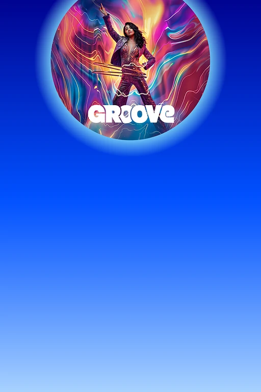  Person mit Hula-Hoop-Reifen vor buntem, abstraktem Hintergrund, darüber der Schriftzug „GROOVE“. 