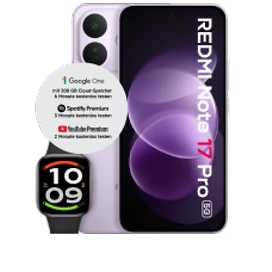  Vorder- und Rückansicht des Xiaomi Redmi Note 17 Pro Max 5G in Purple (Lila) mit Watch 6 Active in Schwarz und dem Hinweis auf Google One mit 200GB Cloud-Speicher 6 Monate kostenlos testen, Spotify Premium 3 Monate kostenlos testen und Youtube Premium 2 Monate kostenlos testen
